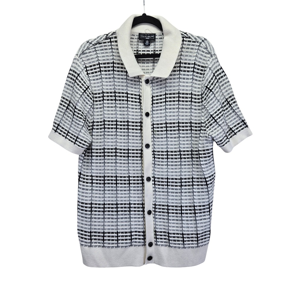 Republic White Black Geometric Open Knit‎ Button Down Short Sleeve Shirt Large